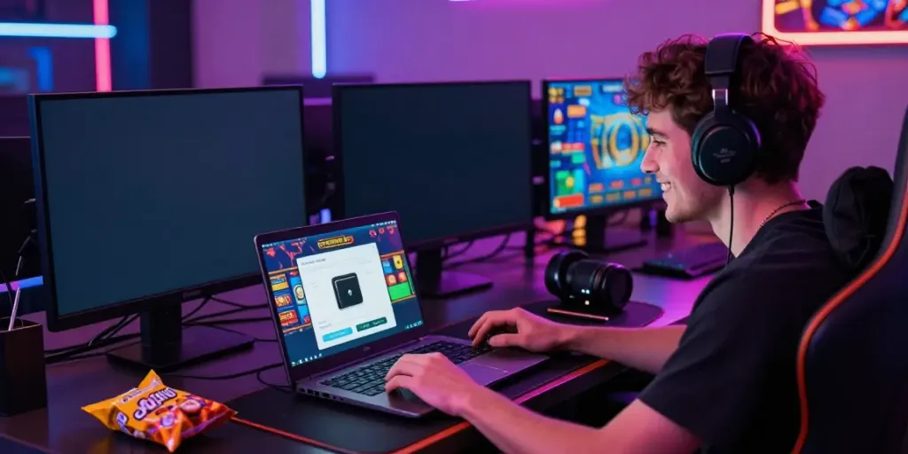 A user enjoying gameplay on a slot qris platform with vibrant graphics and gaming accessories.