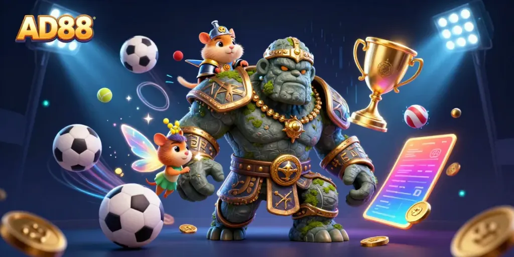 Engage with AD88's exciting play through a magical scene with a golem guardian and a hamster knight amidst dynamic sports elements.