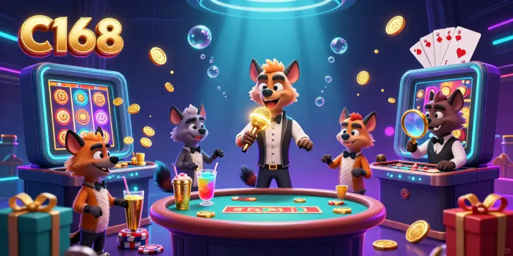 Hyenas bring laughter to the casino with a comedic performance at C168, showcasing vibrant slot games and lively interactions.