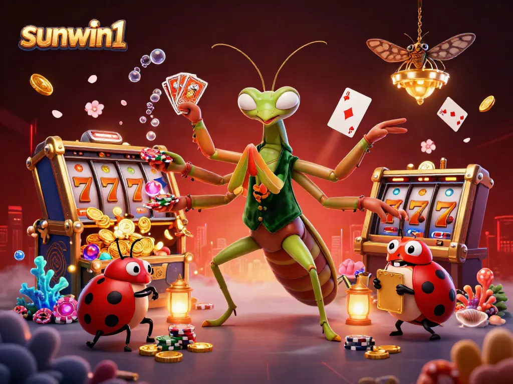 Engage in thrilling gameplay with sunwin1 as the mantis dealer pours champagne while slot reels shine.