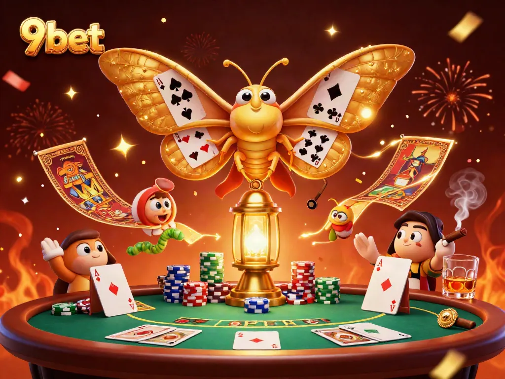 Play poker at 9bet with a grand casino illustration showcasing vibrant elements like chips and cards.