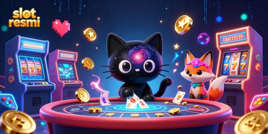 Experience the charm of slot resmi and win at the cosmic casino with golden chips and vibrant characters.