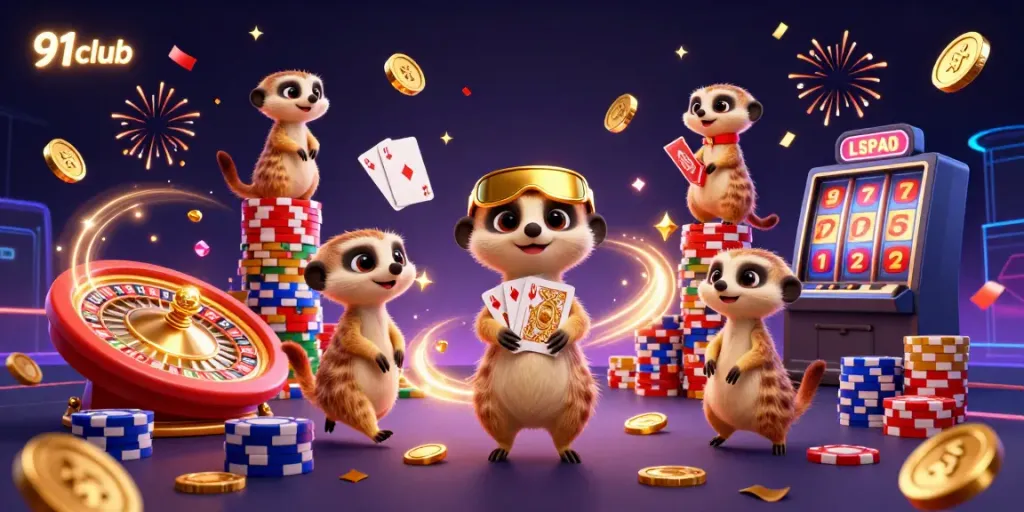 Meerkats engaging in a lively casino scene with cascading coins and cards, celebrating at 91club.
