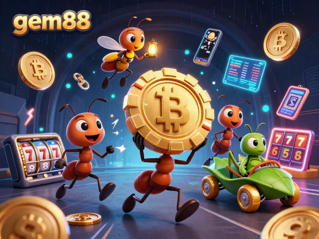 Experience thrilling action at gem88 with cartoon ants carrying a giant poker chip through a casino-themed tunnel.