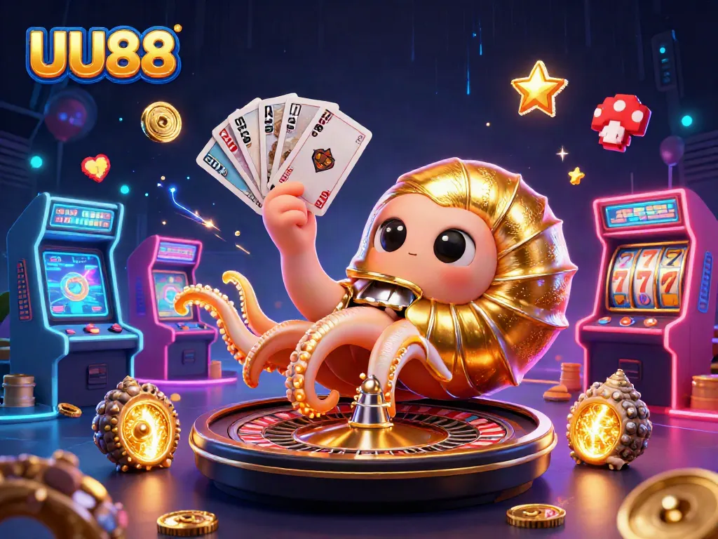 Engage with UU88's vibrant casino slots, featuring a 3D nautilus and dynamic arcade elements.