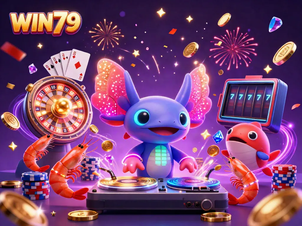 Experience thrilling action with WIN79 in a colorful 3D casino scene featuring a neon axolotl DJ and dynamic game elements.