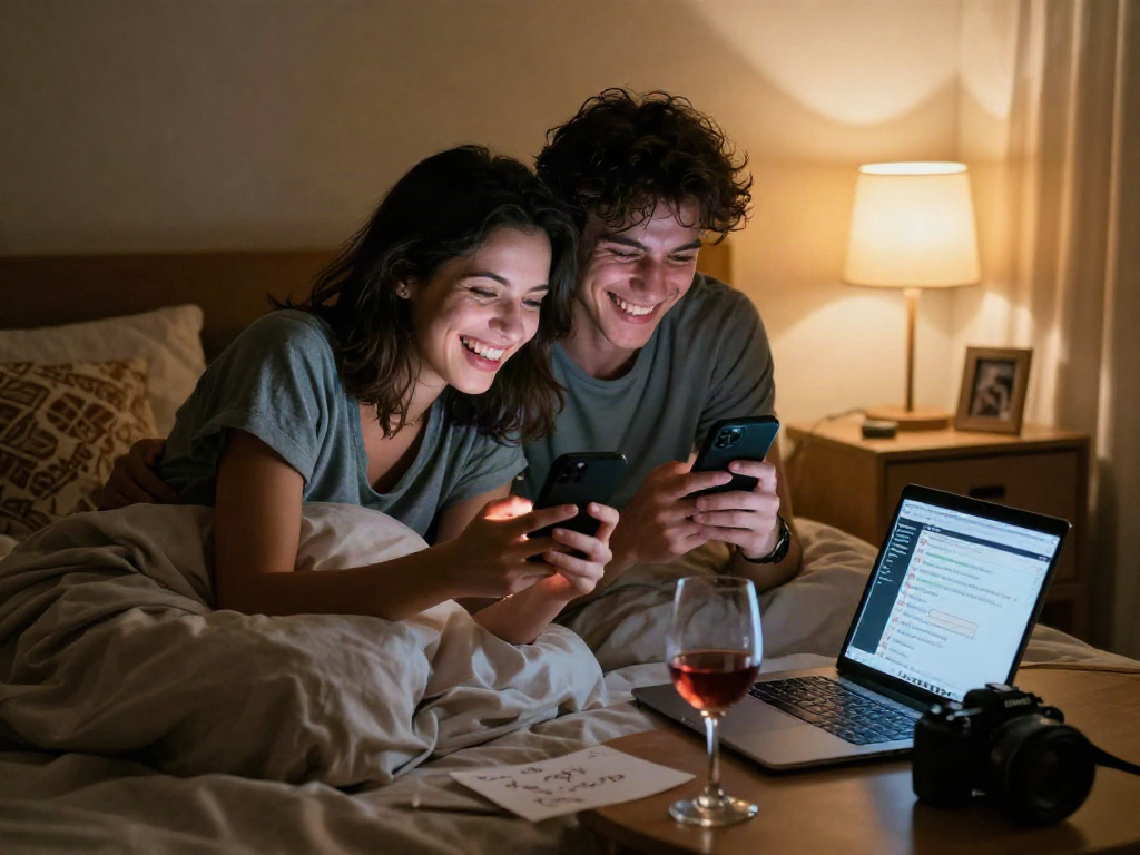 Couple engaged in ai sexting in a cozy bedroom at night, showcasing playful connection.