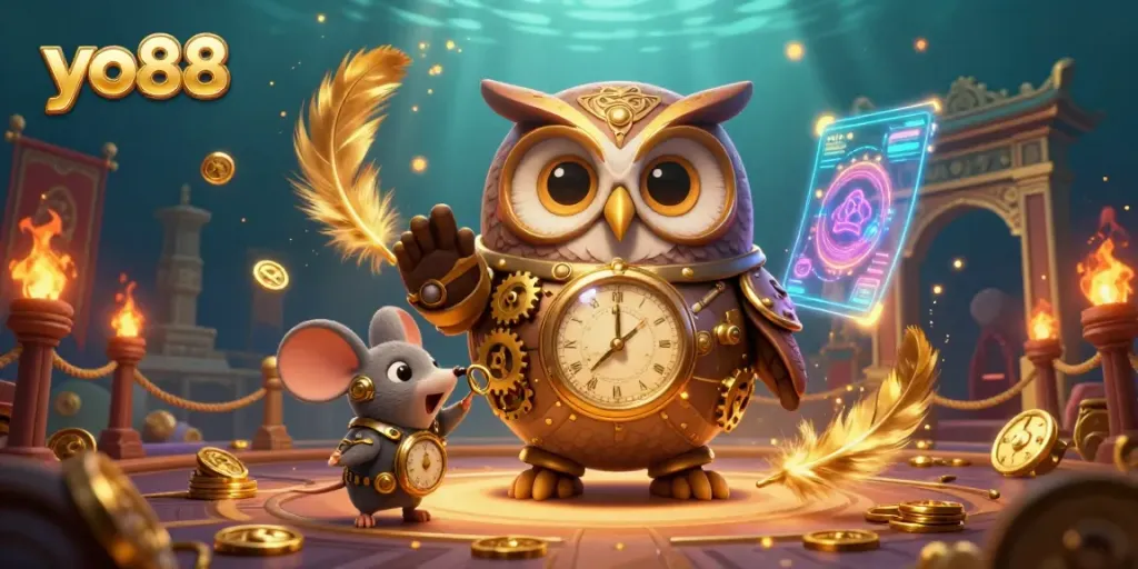 Experience the exciting world of yo88 with a dynamic, elaborate casino scene featuring a time-traveling owl and tokens.