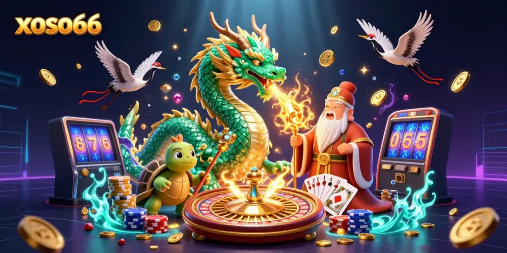 Experience the excitement of xoso66 with a vibrant 3D illustration of a jade dragon, lucky cranes, and coins.