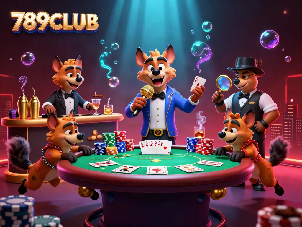 Experience the vibrant comedy casino scene at 789CLUB with hyenas mixing drinks and telling jokes.