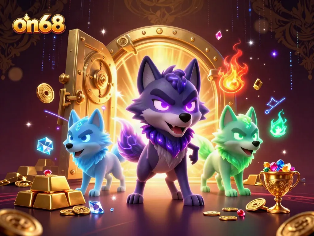 Join the excitement with on68's ghostly wolves and treasure elements in a vibrant casino scene.