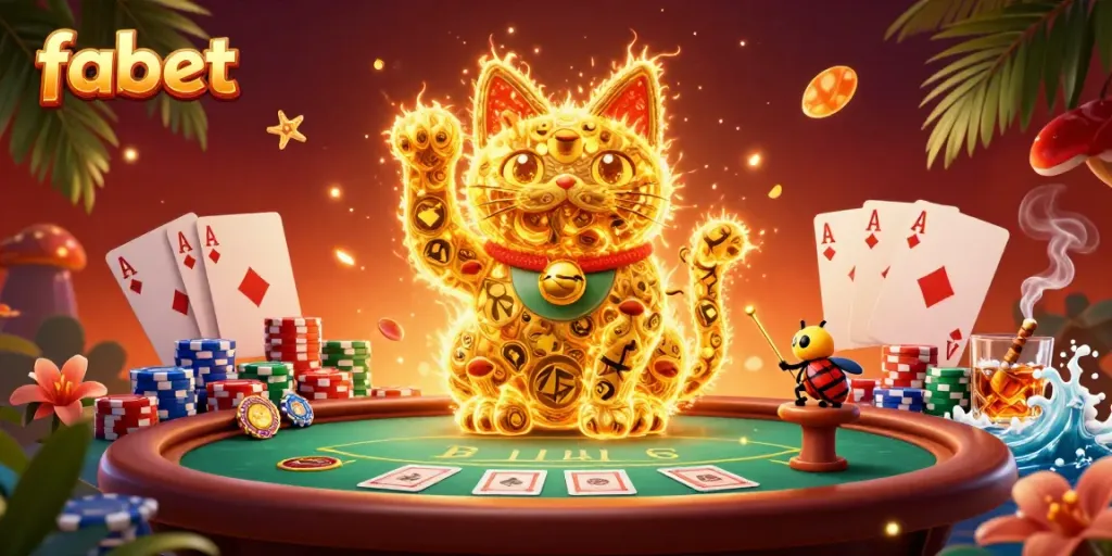 Experience dynamic gambling fun with fabet's vibrant lucky cat in a lively casino scene.