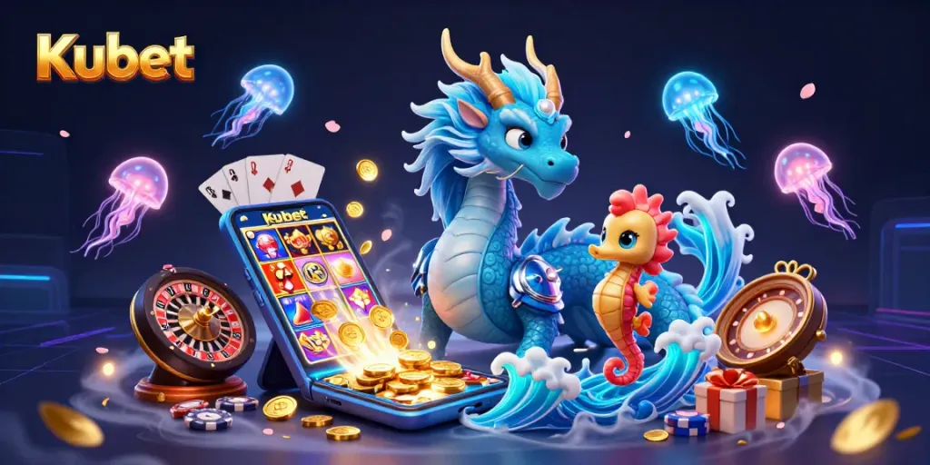 Kubet showcases an azure water dragon with neon jellyfish, featuring dynamic slot games and casino elements in action.