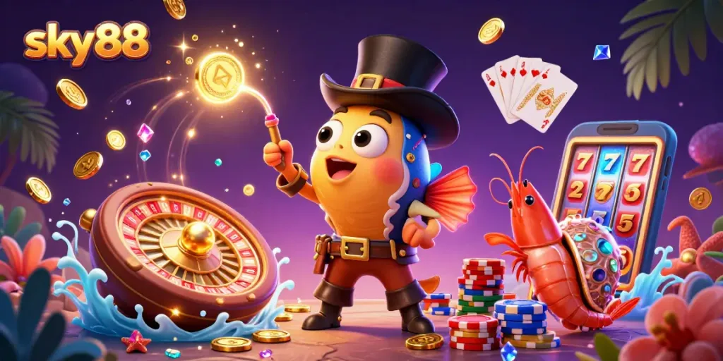 Experience thrilling casino action as sky88 delights with vibrant 3D characters and sparkling treasures.