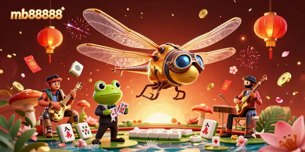 Experience excitement at mb888888 casino with a vibrant, engaging 3D scene featuring whimsical characters and rich gambling elements.