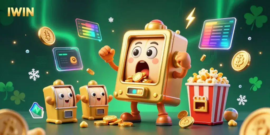 IWIN slot machine celebrating a jackpot with coins flying, surrounded by cryptocurrency elements.