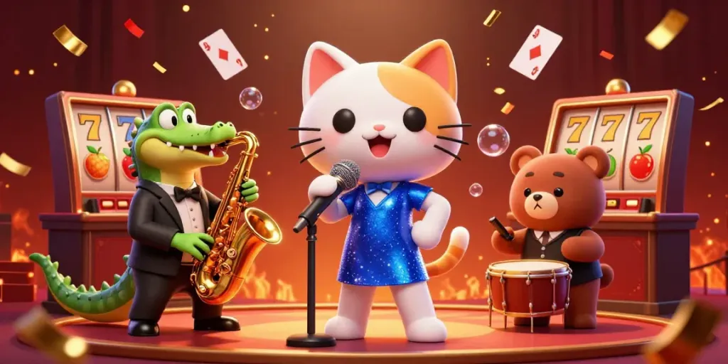 Engage with totojambi and enjoy a vibrant casino scene featuring a jazz-singer cat and friends celebrating with slot reels.
