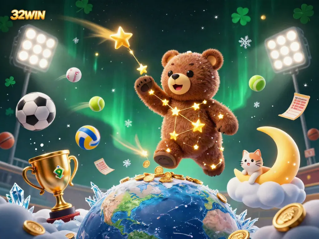 32WIN constellation bear scooping coins amid vibrant sports elements in a magical casino scene.