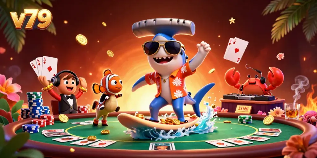 Engage at v79 with a vibrant illustration of a shark surfing on gold coins, DJ crab, and lavish gambling elements.
