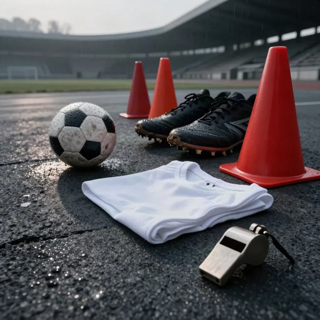 Mokra piłka, buty, pachołki i gwizdek na grafitowej płycie w mroku stadionu.