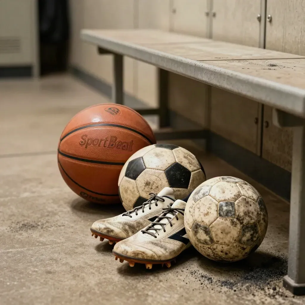 Piłka do koszykówki, futbolówka, kolce i piłka ręczna przy betonowej ławce po meczu
