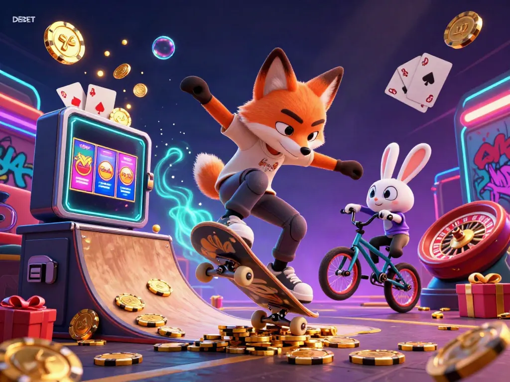 Experience thrilling action with DEBET's animated casino scene featuring a fox skateboarder and BMX rabbit.