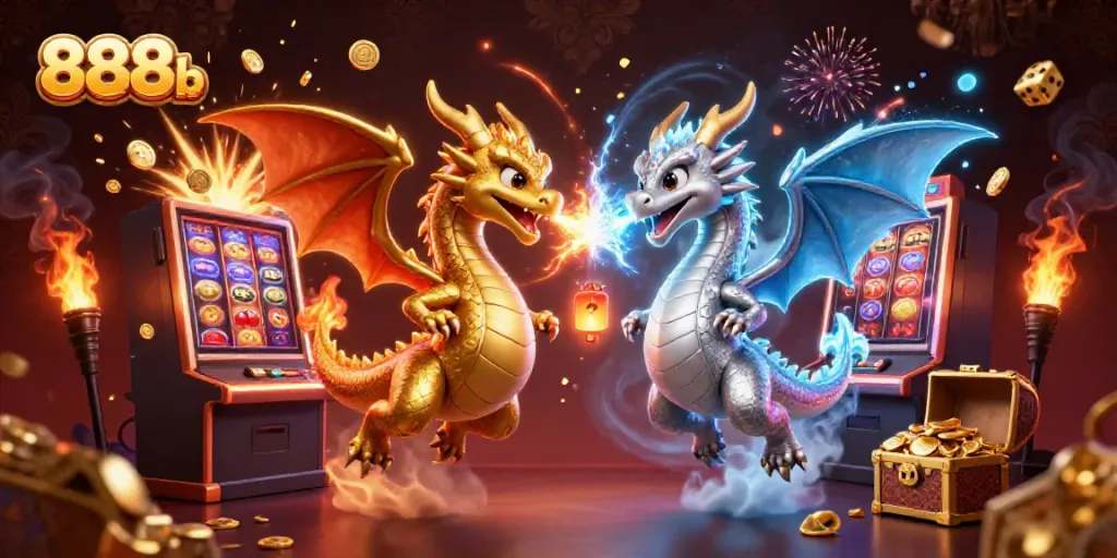 Experience excitement with 888b as dragons and vibrant casino elements explode in a dynamic scene.