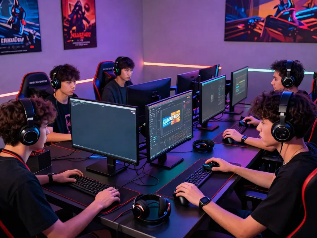 Engaged gamers exploring KILAT404 games in a vibrant, tech-filled environment.
