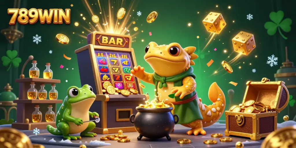 Experience thrilling wins at 789WIN with dynamic gold illustrations and casino symbols.