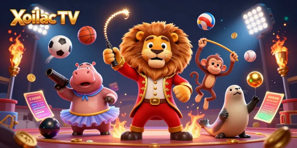 Xoilac TV showcases a vibrant, playful illustration of a circus lion and whimsical animals surrounded by sports balls and betting elements.