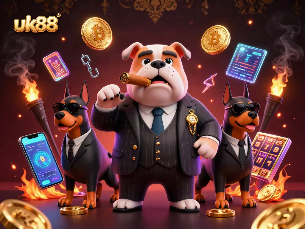 Spin to win with uk88's thrilling slots and jackpot experience featuring a mafia bulldog.