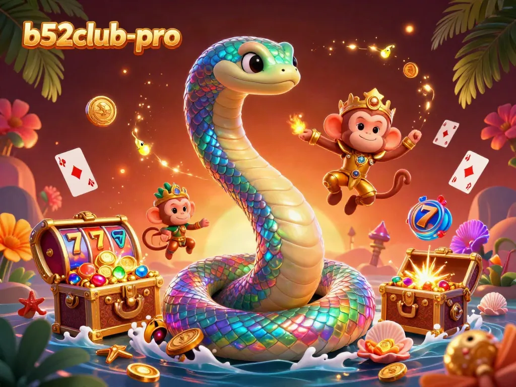 Engage with b52club-pro in a lively casino scene featuring a vibrant rainbow serpent and playful monkey king.