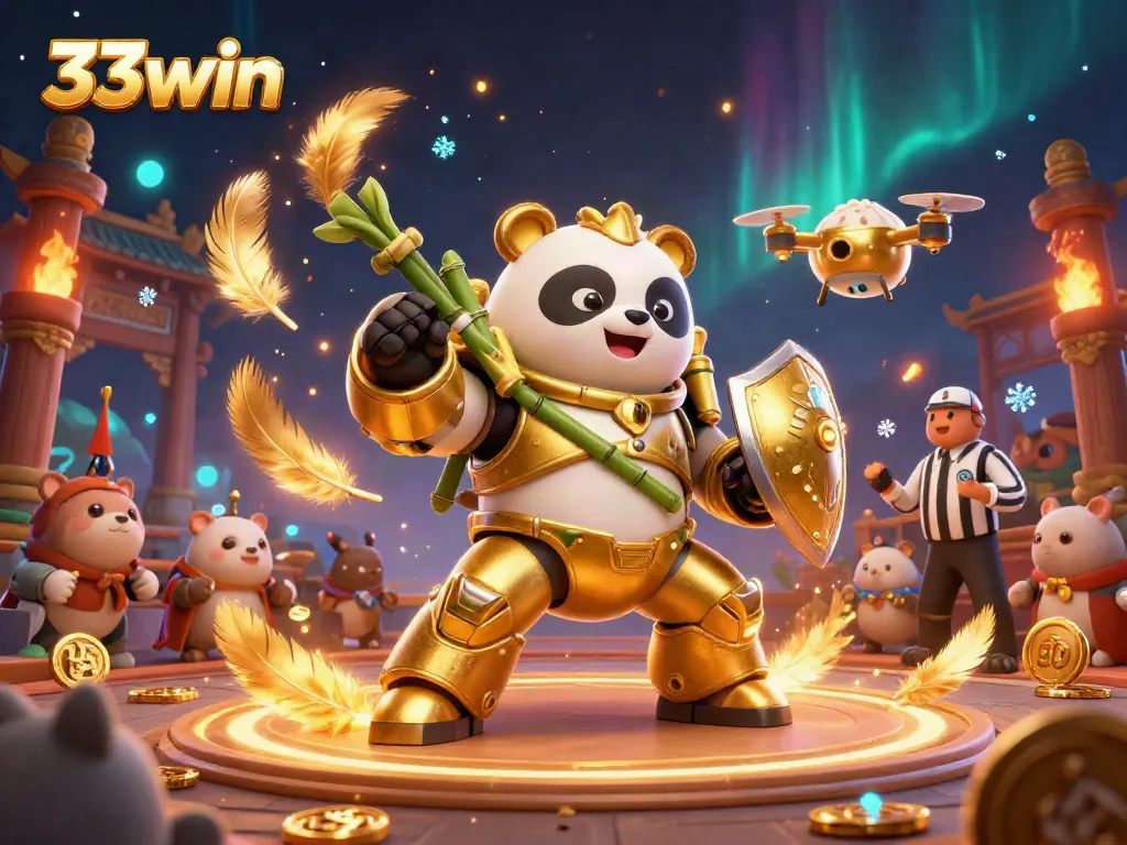 Experience thrilling action as the 33win panda robot battles in a vibrant casino arena.