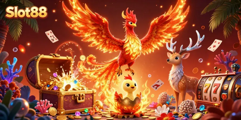 Engage with Slot88 by playing dynamic slot games illustrated with vibrant phoenixes.