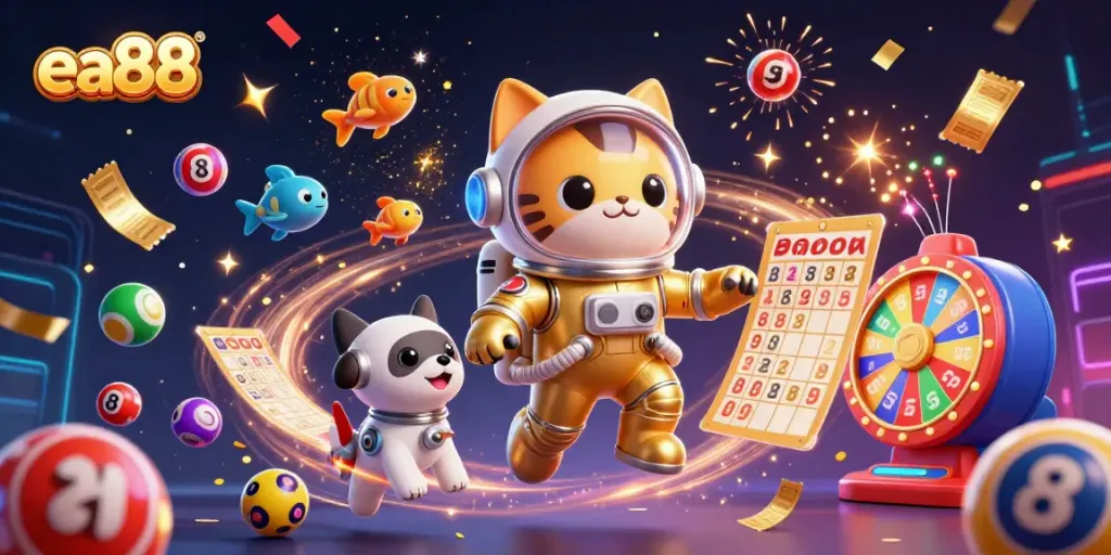 ea88 presents a vibrant lottery scene with a cosmic cat and dynamic gaming elements.