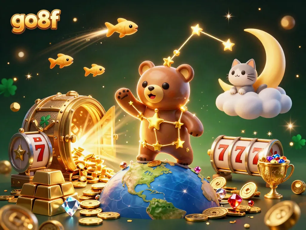 Engage with the go8f gaming world and win big with vibrant 3D casino-themed artwork.