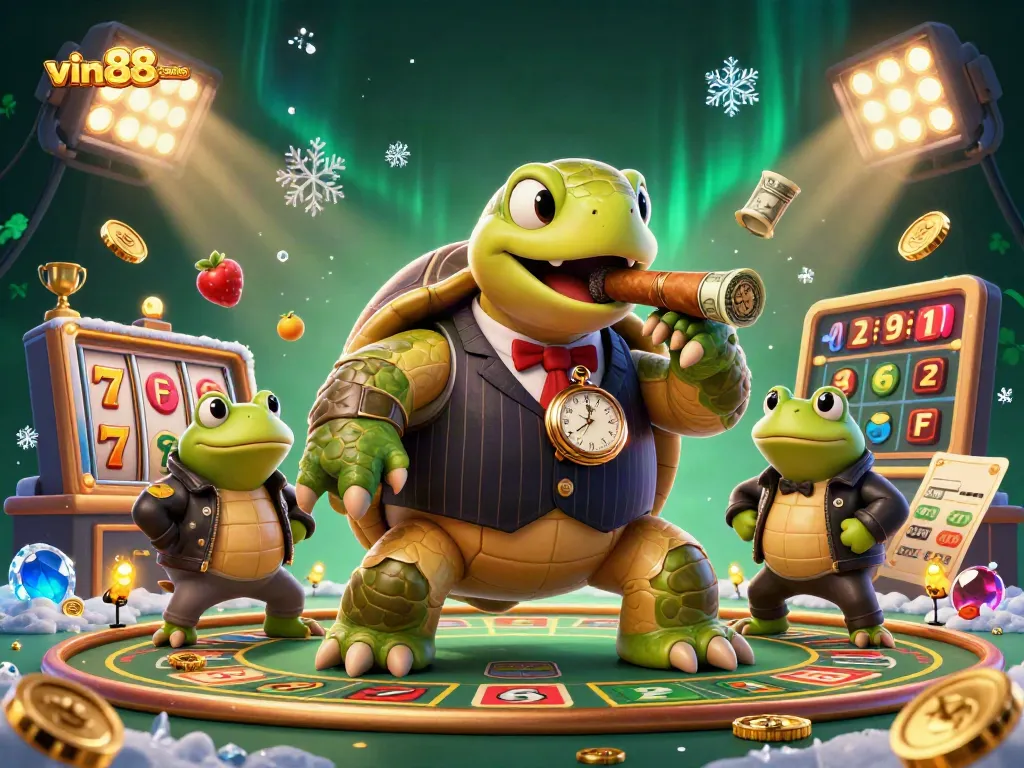 Experience the excitement of vin88-casino with animated slot reels and vibrant characters.