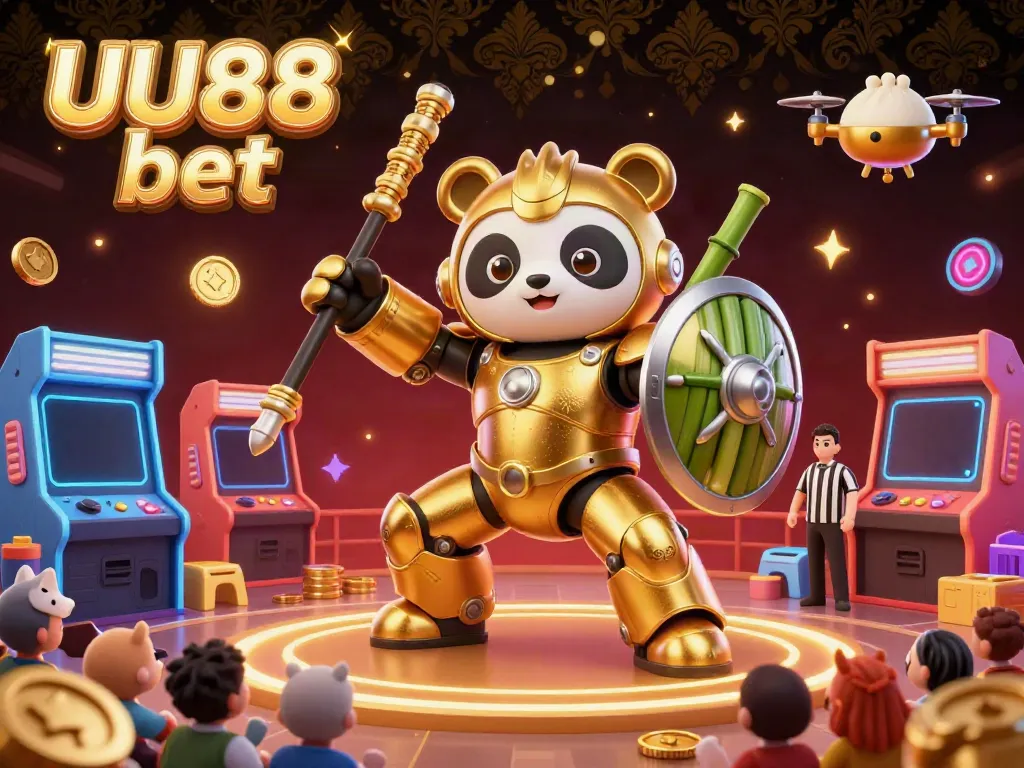 Experience the exciting world of UU88 bet with vibrant casino-themed elements and a golden panda in combat.