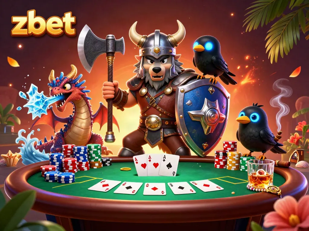 Experience thrilling action at zbet with a Viking wolf warrior, dragon, and poker elements.