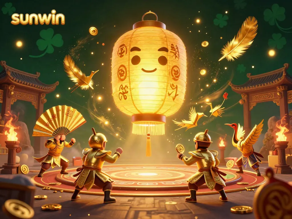 Experience thrills with sunwin's vibrant casino atmosphere featuring a glowing lantern spirit and paper fan warriors.