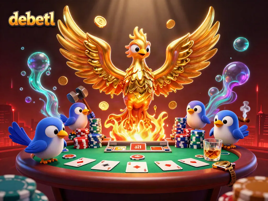 Play casino games with debetl, featuring a molten phoenix and vibrant poker scene
