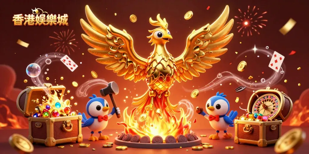 Enjoy thrilling gameplay at 香港娛樂城 with a vibrant scene featuring a golden phoenix and dynamic casino elements.