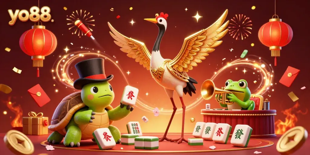 Experience excitement at YO88 with a lively 3D casino scene featuring charming characters and dynamic slots elements.