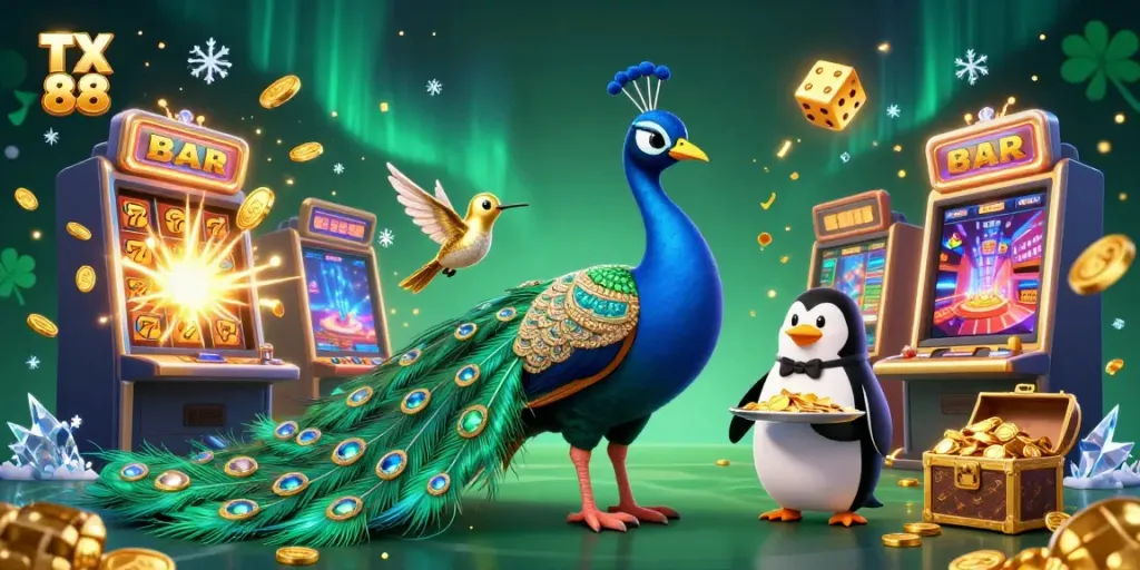 Experience the thrill at TX 88 with a vibrant casino scene featuring a peacock, penguin, and hummingbird.