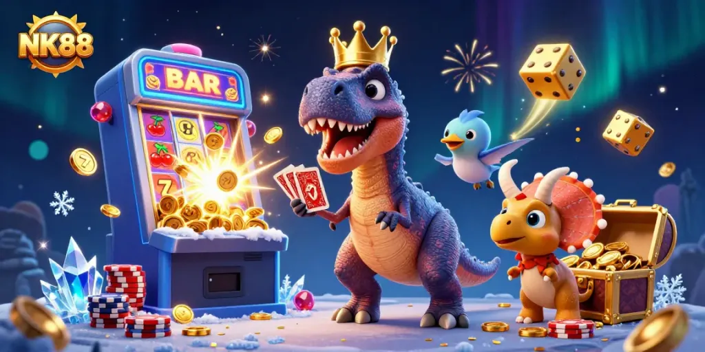 NK88 characters engaging in a vibrant casino scene with dynamic gaming elements, showcasing excitement and fun.