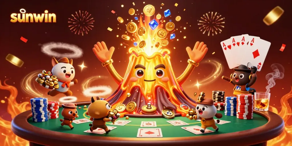 Join the sunwin gaming excitement as the golden volcano erupts with treasures in a vibrant casino scene.