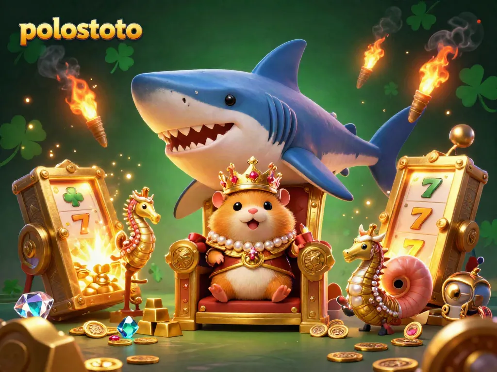 Engage in Polostoto gaming with a golden hamster king and royal seahorse guards amid treasure.