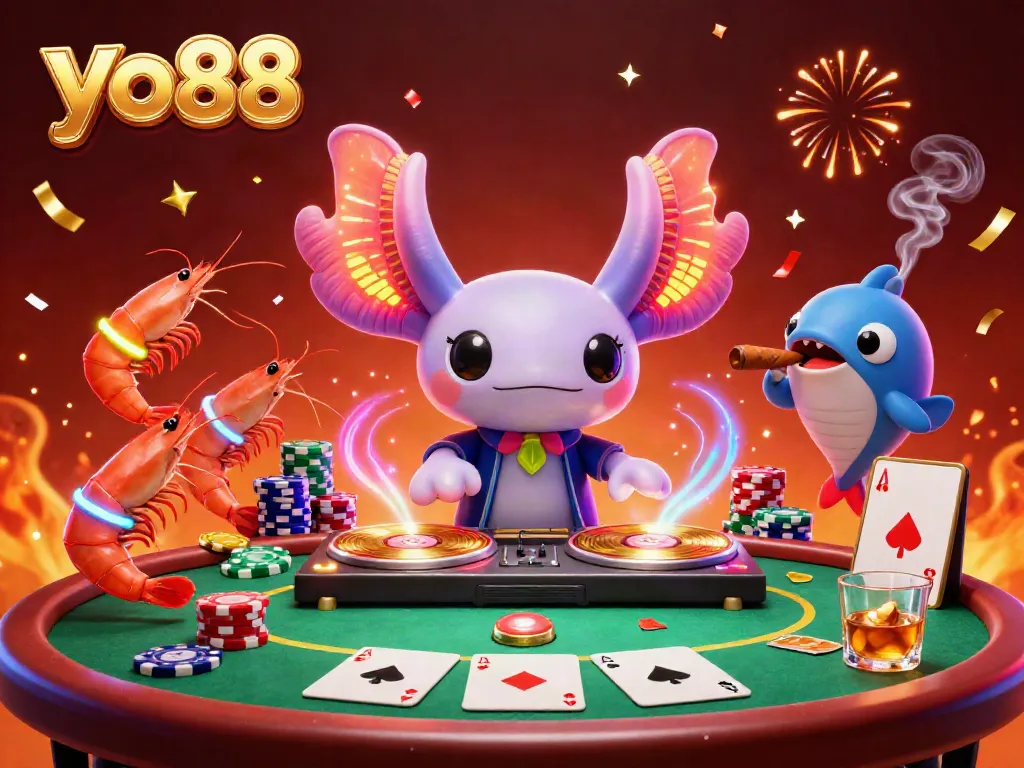 Engage in exciting games at yo88 with a vibrant scene featuring a DJ axolotl and energetic underwater creatures.