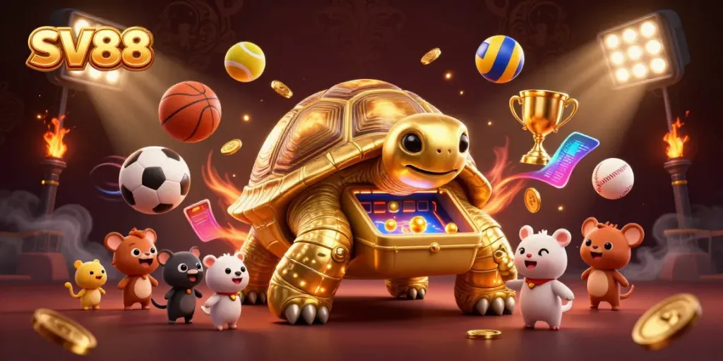 SV88 captivating online casino scene with a golden tortoise pinball machine and excited players.