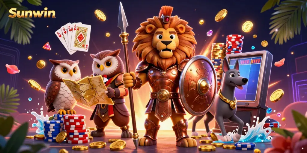 Experience thrilling games at Sunwin with this dynamic 3D illustration featuring a Spartan lion, owl strategist, and greyhound messenger amidst golden coins and colorful poker chips.